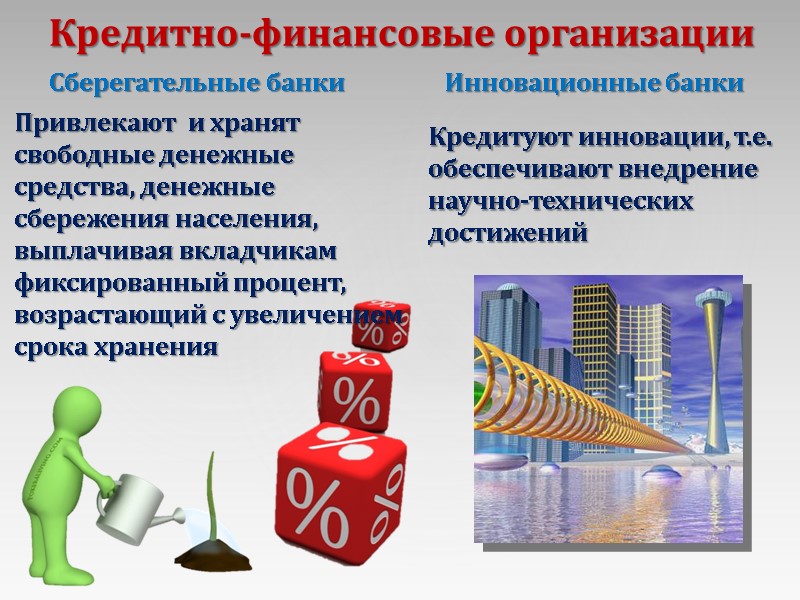 Кредитно-финансовые организации Сберегательные банки Привлекают  и хранят свободные денежные средства, денежные сбережения населения,